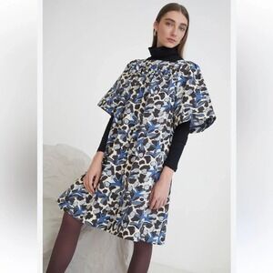 WHIT Womens Mira Printed Babydoll Dress Puff Sleeve Abstract Blue Gray Large